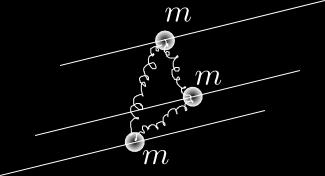 Problem 3. Three infinite horizontal rails are at distance l from each other. Three beads of equal masses m can slide along the rails without friction.