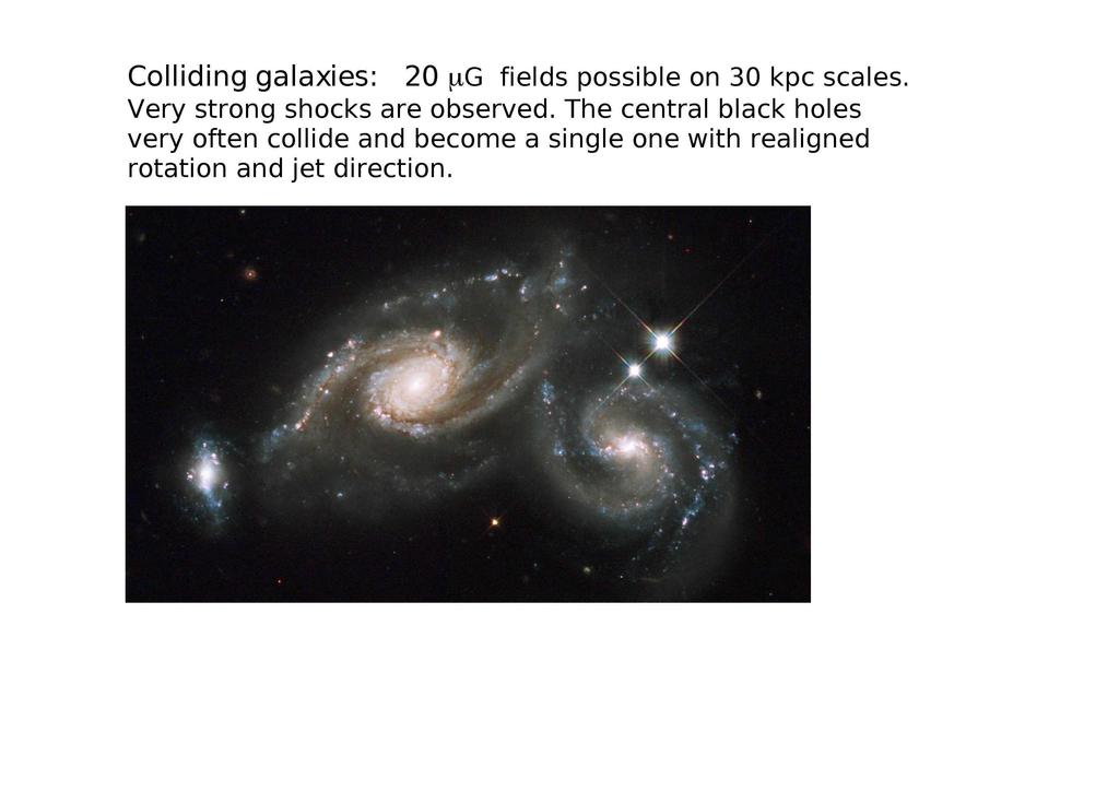 Colliding galaxies: 20 \xg fields possible on 30 kpc scales. Very strong shocks are observed.