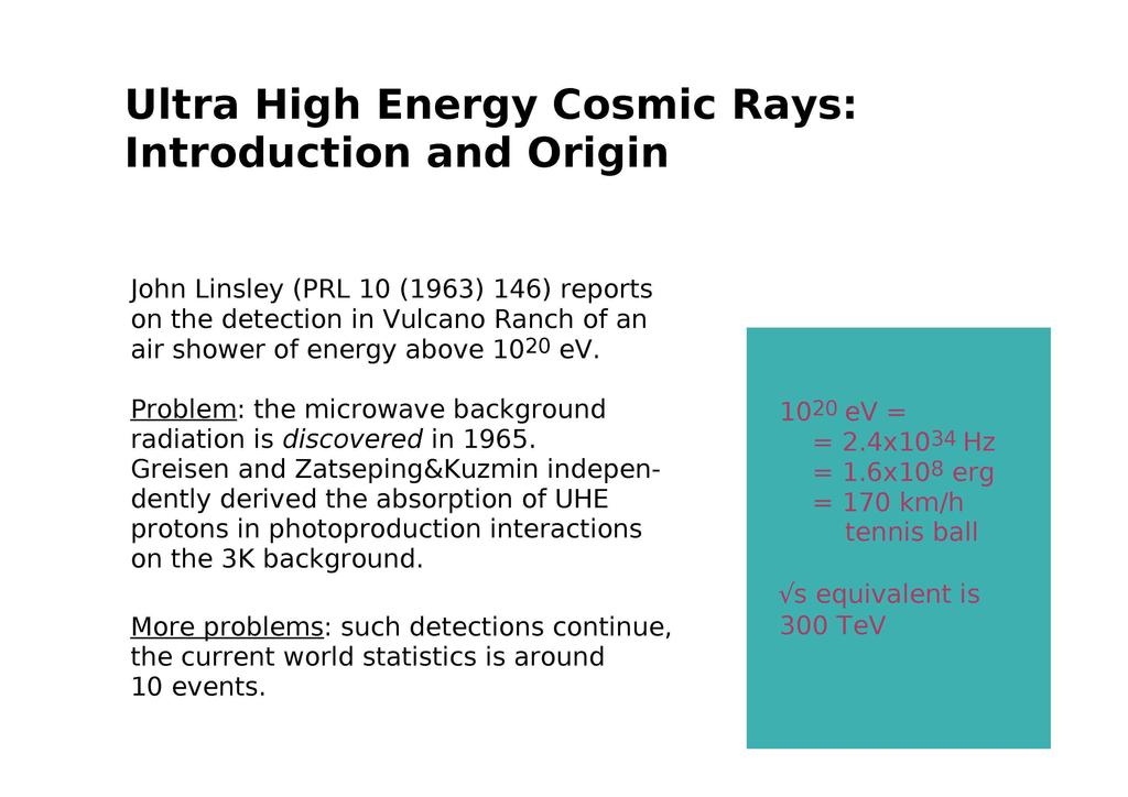 Ultra High Energy Cosmic Rays: Introduction and Origin John Linsley (PRL 10 (1963) 146) reports on the detection in Vulcano Ranch of an air shower of energy above 10 20 ev.