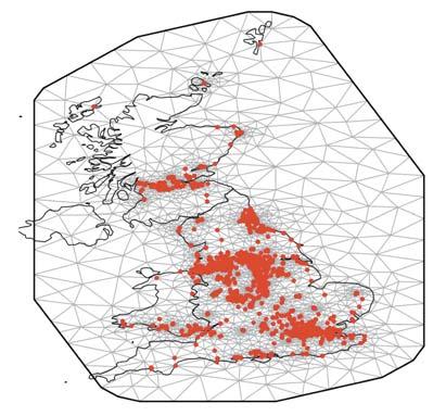 DEALING WITH BIG DATA Figure: Triangulation for the locations of black smoke monitoring sites within the UK for use with the SPDE approach to modelling point-referenced spatial data with INLA.