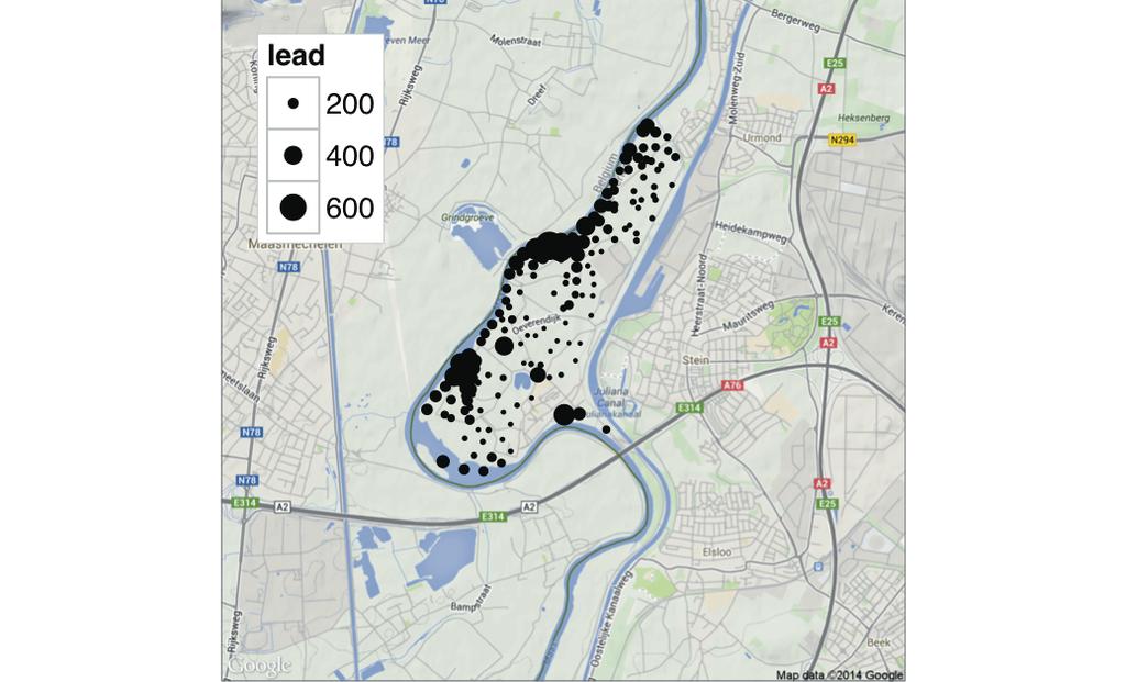 EXAMPLE: VISUALISING SPATIAL DATA Figure: Bubble plot showing the size of lead