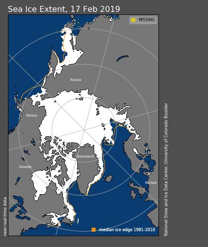 Figure 15. Observed Arctic sea ice extent on 17 February 2019 (white). Orange line shows climatological extent of sea ice based on the years 1981-2010.
