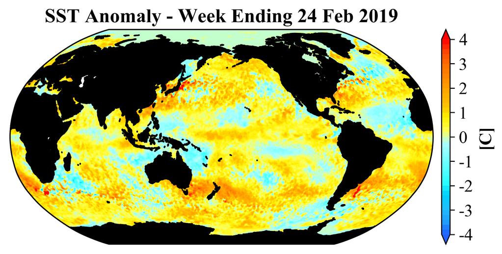 Figure 16. The latest weekly-mean global SST anomalies (ending 24 February 2019 ). Data from NOAA OI High-Resolution dataset. (Updated from https://www.ospo.noaa.