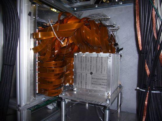Figure : Photograph of the ScECAL test module in front of AHCAL. First absorber layer of the ScECAL can be seen on the photo.