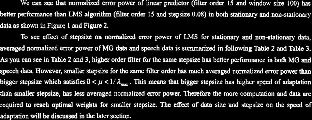 We can see that normalized error power of linear predictor (filter order 15 and window size 100) has better performance than LMS algorithm (filter order 1 5 and stepsize 0.