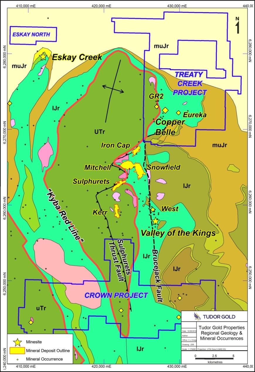 Regional Geology Treaty Creek Area The McTagg Anticlinorium forms a north-south oriented Dome Numerous mineral deposits are situated near the Upper Triassic - Lower Jurassic contact termed the Kyba
