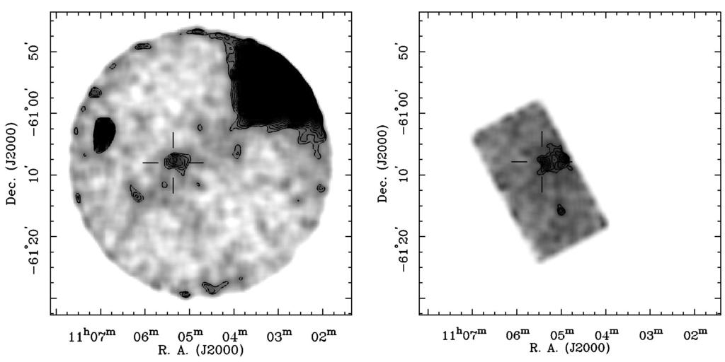 Fig. 1. ASCA broadband X-ray images of PSR J1105 6107. The location of the pulsar is marked by the cross.