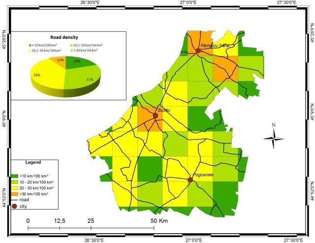 Cinq Continents Volume 2, Numéro 5, 2012, p. 179-193 plains of Buzău county map was finally obtained (Figure 14). Figure 13. Road density in the lowlands of Buzău County (Data source: http://www.