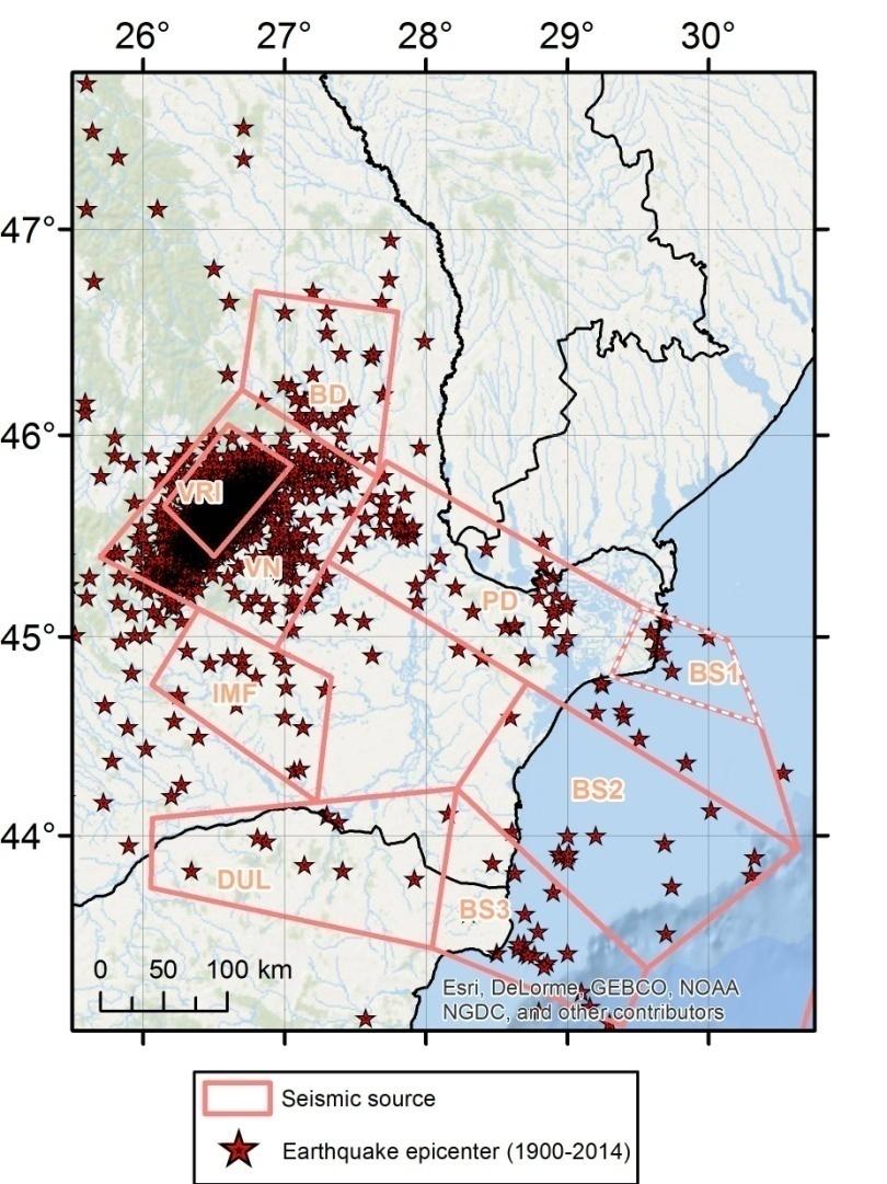 Figure 2. Seismic sources selected for this study together with the associated seismicity.