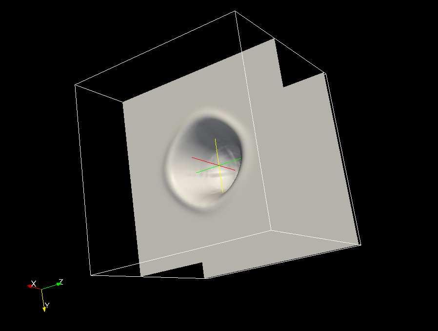 Figure 3: Finite volume simulation of a sphere of gas colliding with a wall of gas. The plot shows density iso-surfaces at four different times.