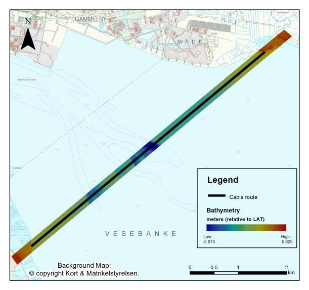 COBRA Cable Site Investigation in the Wadden Sea, Denmark toward the centre of the channel. The deepest parts of the channels are found at -5.1 m LAT. Figure 5. Bathymetry after gridding.