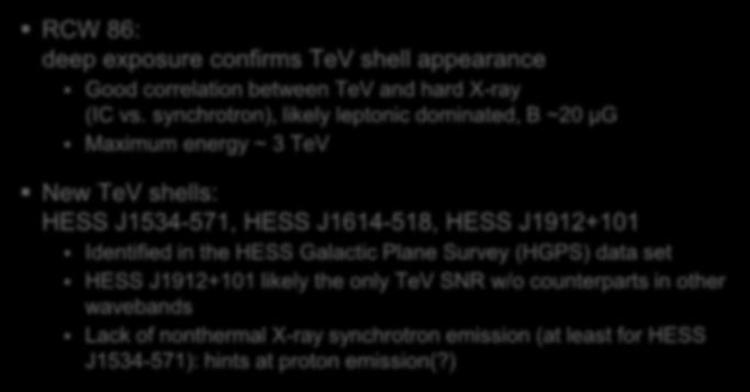 synchrotron), likely leptonic dominated, B ~20 μg Maximum energy ~ 3 TeV New TeV shells: