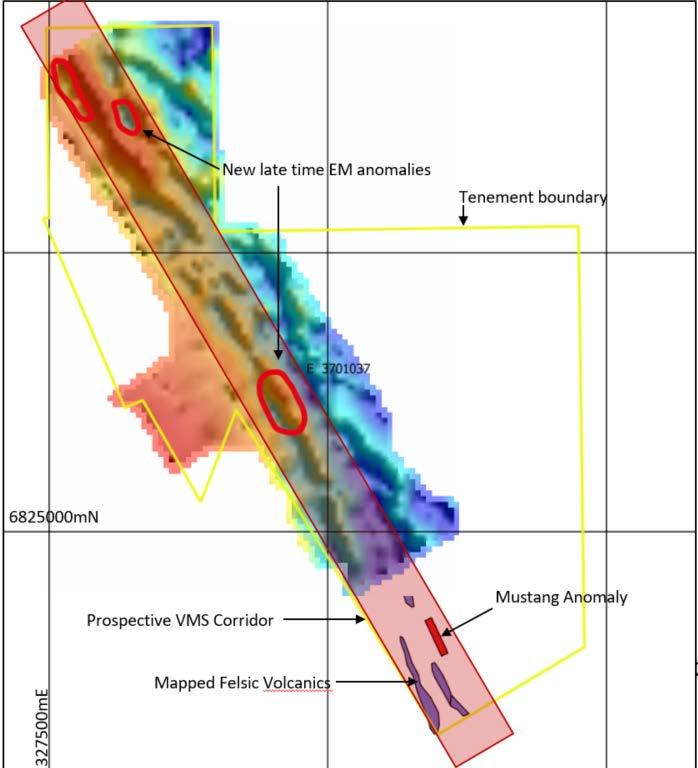 Figure 3 Image of MLEM survey data- Slingram Z component, channel 30 showing new bedrock conductors (red) within the prospective VMS corridor (shaded red) along strike from the Mustang Anomaly and