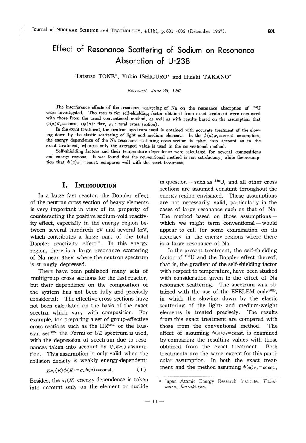 Journal of NUCLEAR SCIENCE and TECHNOLOGY, 4 [12], p. 601~606 (December 1967).