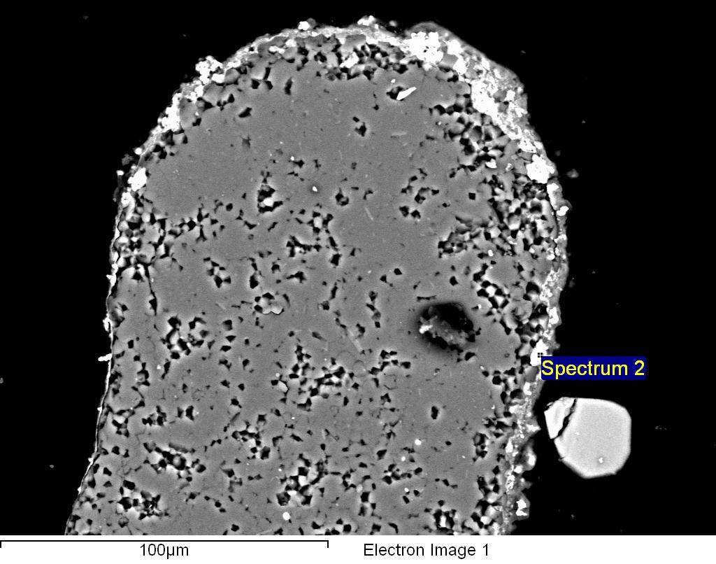 Fe-oxide clay coating Quartz Grain SEM BSE image, sample AC4 4a and EDS spectrum showing
