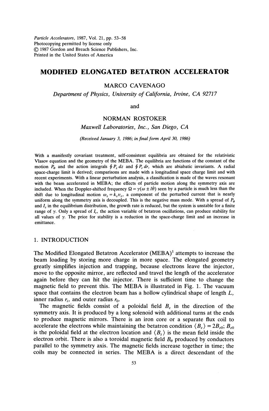 Particle Accelerators, 1987, Vol. 21, pp. 53-58 Photocopying permitted by license only 1987 Gordon and Breach Science Publishers, Inc.