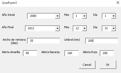 For all the graphs, select the Ingresar Datos de Entrada button in the Lluvia Antecedente En El Tiempo section. The next window is shown: Figure 26.