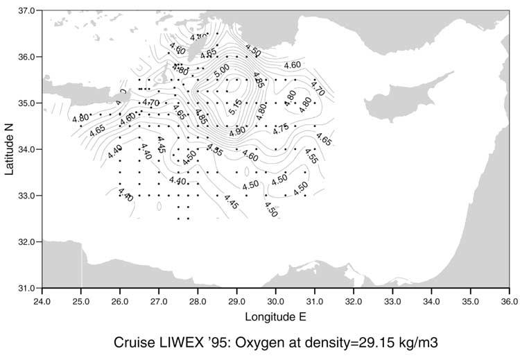MALANOTTE-RIZZOLI ET AL.: LEVANTINE WATER MASSES EXPERIMENT PBE 2-13 Figure 15. Oxygen pattern on the LDW isopycnal surface 29.15 Kg m 3 during March April 1995.