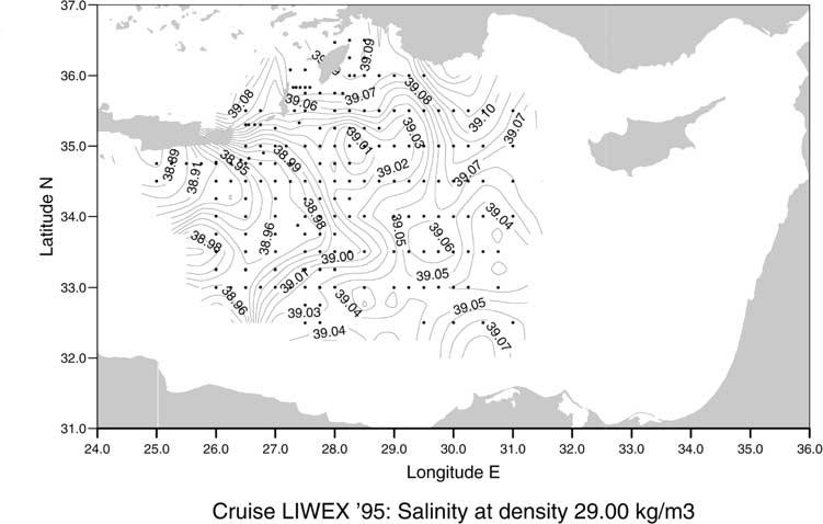 PBE 2-14 MALANOTTE-RIZZOLI ET AL.: LEVANTINE WATER MASSES EXPERIMENT Figure 16. Salinity pattern on the LIW isopycnal surface 29.00 Kg m 3 during March April 1995. localized formation region.