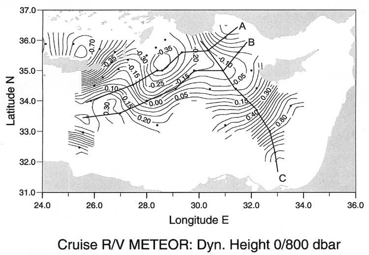PBE 2-6 MALANOTTE-RIZZOLI ET AL.: LEVANTINE WATER MASSES EXPERIMENT Figure 7. Surface dynamic height anomaly with respect to 800 dbars during January 1995.