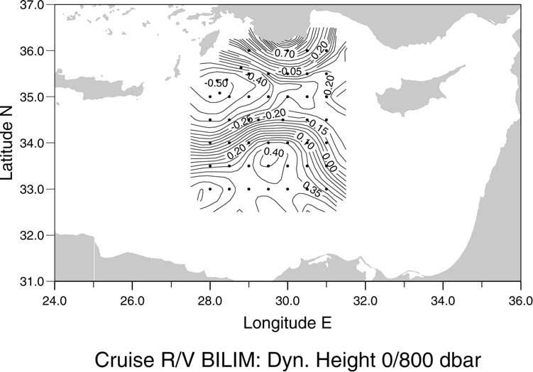 MALANOTTE-RIZZOLI ET AL.: LEVANTINE WATER MASSES EXPERIMENT PBE 2-9 Figure 10. Surface dynamic height anomaly with respect to 800 dbars in February 1995. in Figure 7.