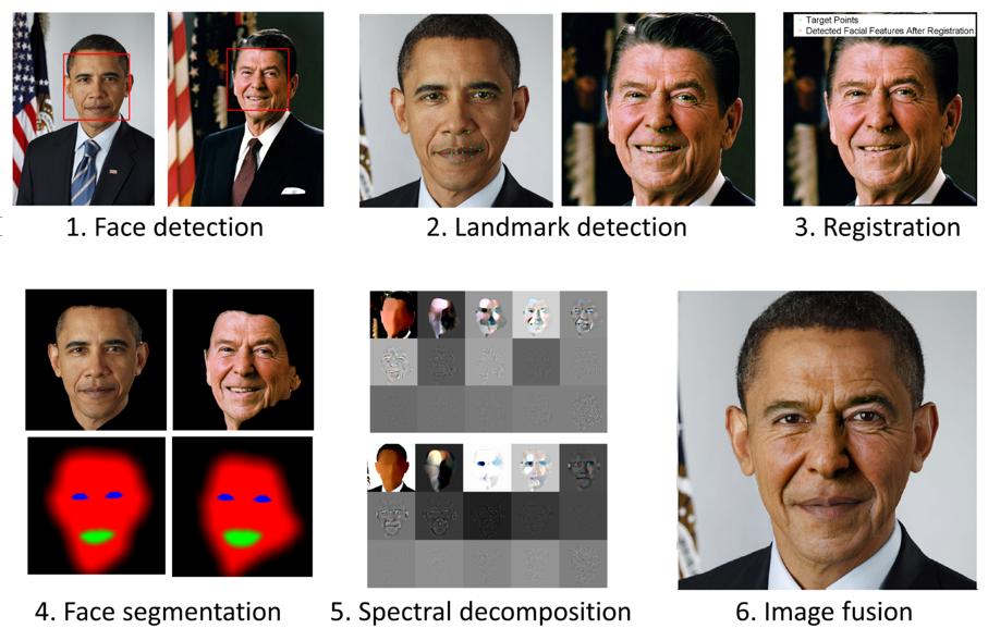 Figure 15: Illustration of the pipeline for facial image fusion using nonlinear spectral decompositions. From [35].