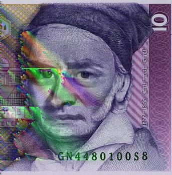 Figure 16: Image fusion using the nonlinear spectral TV decomposition on the challenging example of fusing a banknote with a picture of Gauß and a painting of Newton.
