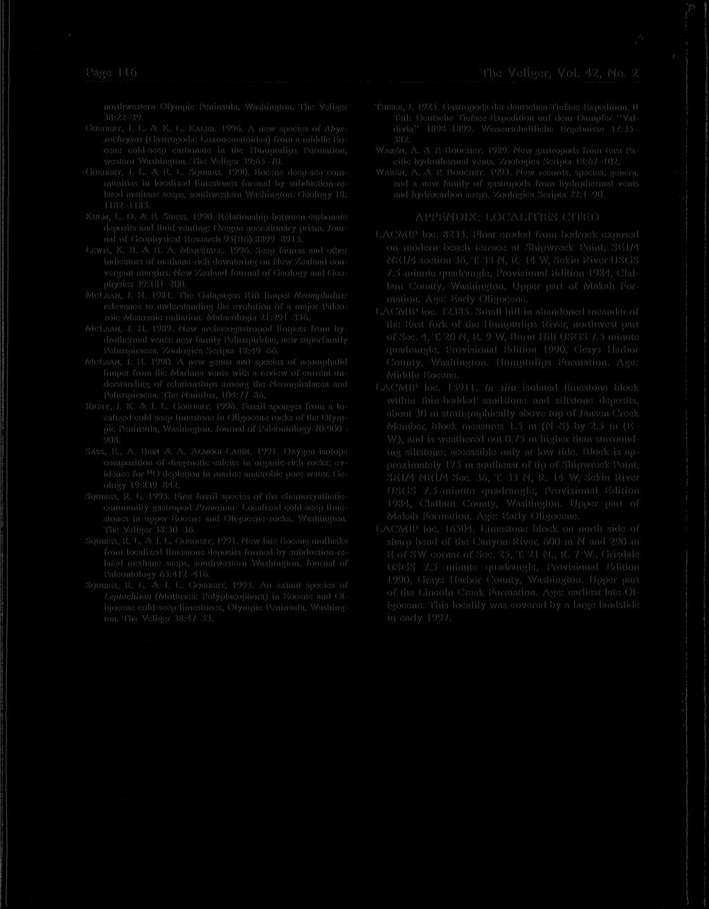 Page 116 The Veliger, Vol. 42, No. 2 northwestern Olympic Peninsula, Washington. The Veliger 38:22-29. GOEDERT, J. L. & K. L. KALER. 1996.