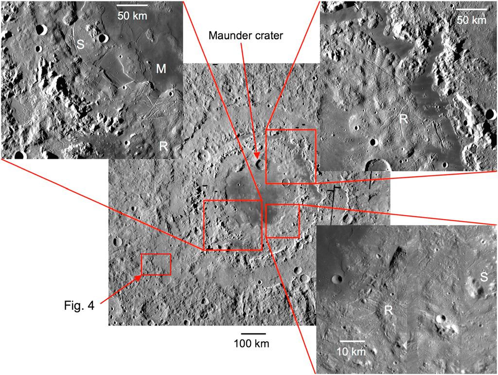 Figure 1. Orientale Basin interior with Maunder Fm. morphologies illustrated in the breakout images.