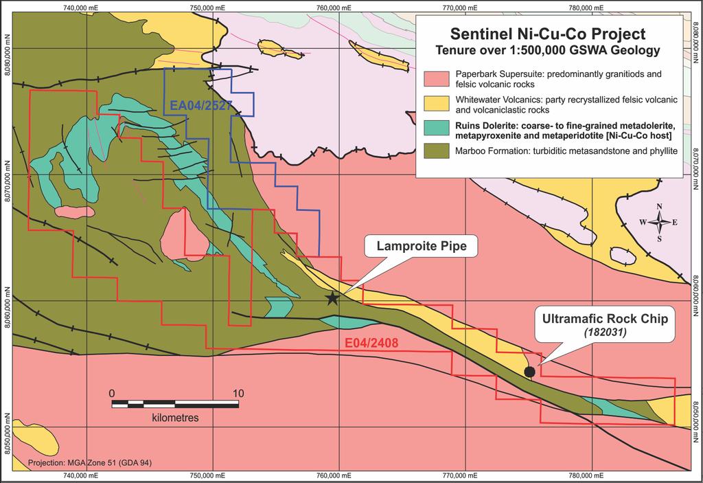 Project Pipeline Sentinel Project; next in line Sentinel Ni-Cu-Co Project; extensive Ruins Dolerite in outcrop and undercover, major crustal scale structures,