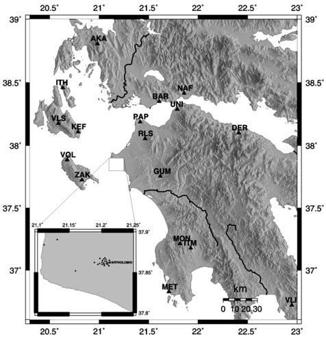 Fig. 1: Distribution of the seismological stations, which recorded the mainshock and the