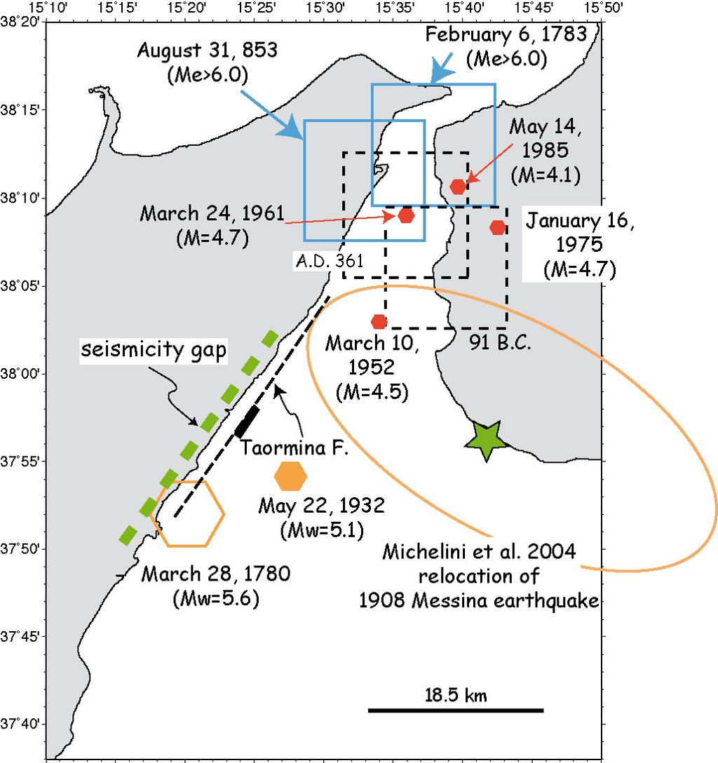 Marine Geology Figure 1: Map of the Messina Straits with location of relevant historical earthquakes (after [1]; [2]). Dashed boxes represent poorly constrained events. Fault.