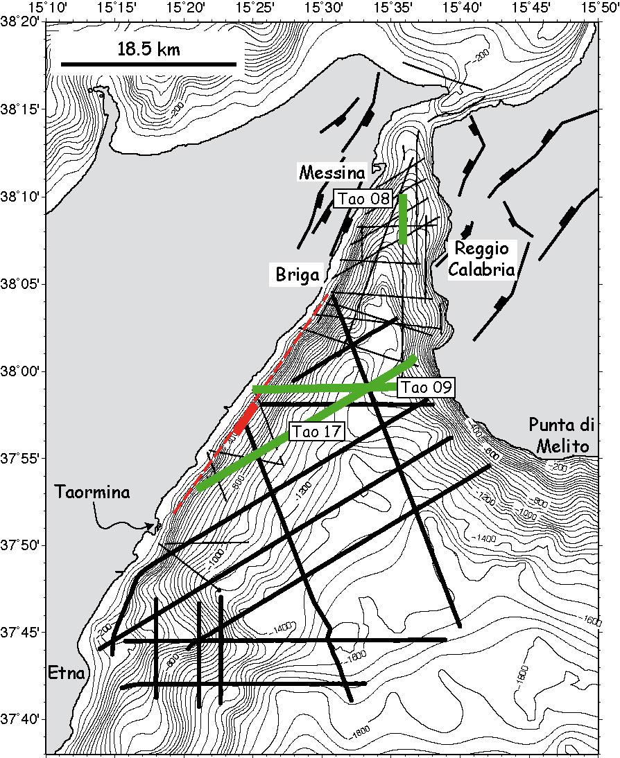 Marine Geology Figure 3: Map with traces of multichannel seismic profiles in the study area. The trace of the supposed Taormina Fault is in red. Onshore faults after Ghisetti [3].
