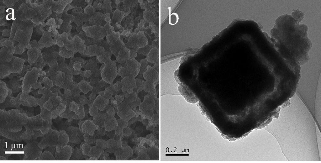 Figure S15. (a) FESEM image and (b) TEM image of the h-zif-8@zno electrode after 500 cycles at 1.0 A g -1.