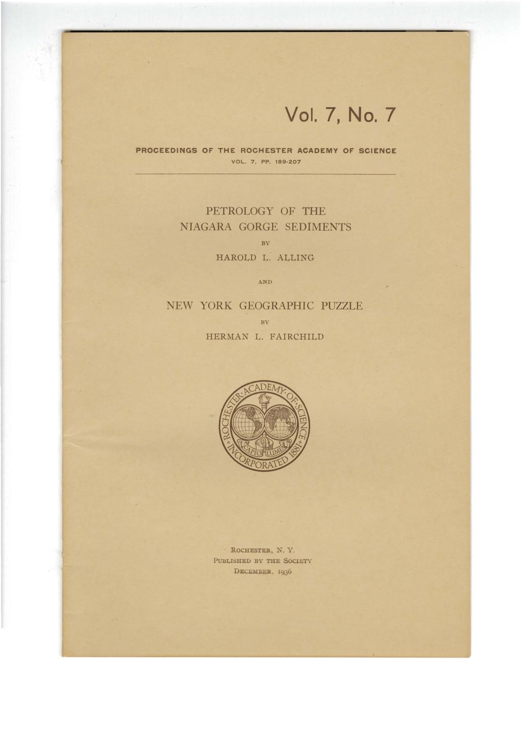 Vol. 7, No.7 PROCEEDINGS OF' THE ROCHESTER ACADEMY OF' SCIENCE VOl... 7. PP.