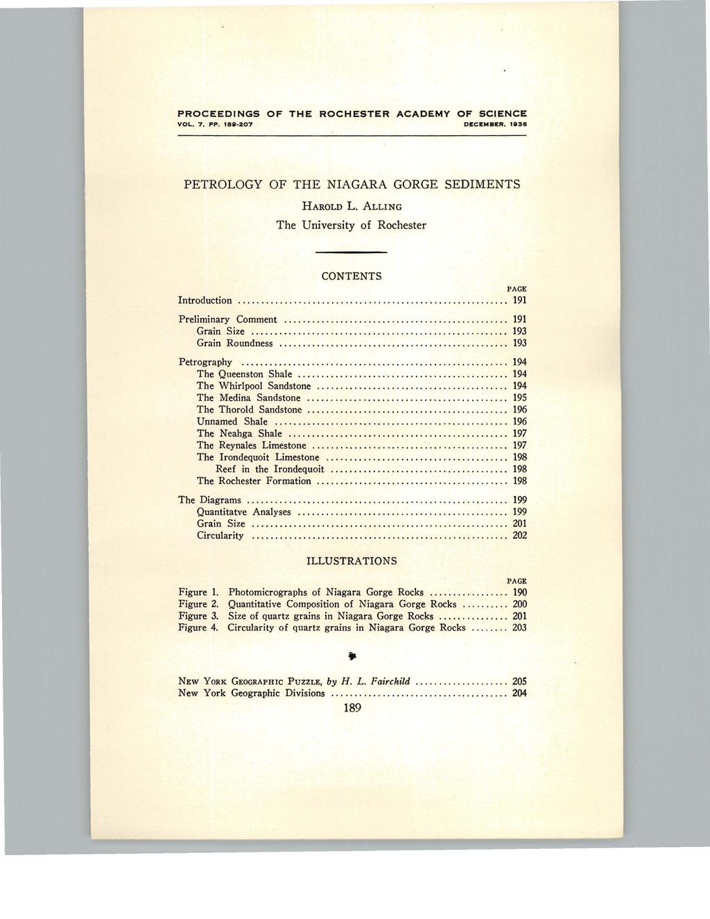 PROCEEDINGS OF THE ROCHESTER ACADEMY OF SCIENCE VOL. 7. PP. '88 207 DECEMBER. 11136 PETROLOGY OF THE NIAGARA GORGE SEDIMENTS HAROLD L.