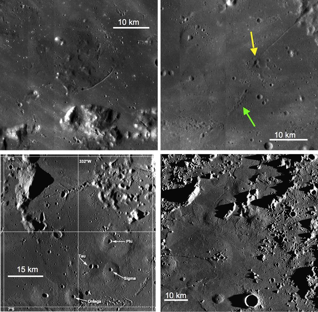 694 PART V Extraterrestrial Volcanism FIGURE 39.4 Small volcanic features of the lunar maria. Top left: vent area of the late Imbrium flows (Figure 39.3), showing dark mantling and spatter constructs.