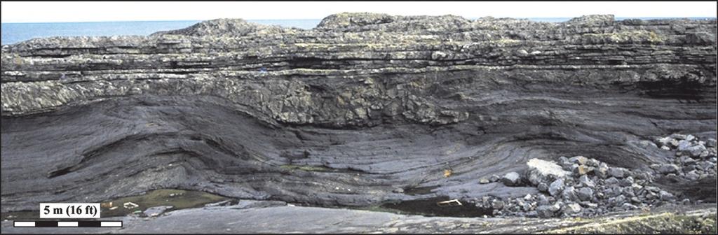 vertical and lateral stacked channels (C1: Channel element). Sketch of photo below, note relatively similar paleoflow direction of the muddy slide and the thin-bedded sandstones above.