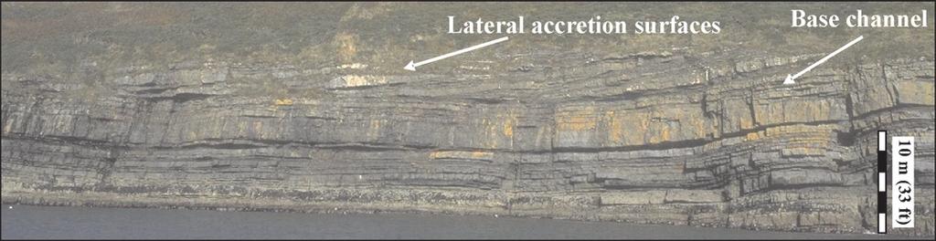 Lateral spillover to the west from C1- Channel architectural element to T1-Thin-bedded architectural element. White line shows channel margin surface which cuts down towards the east.