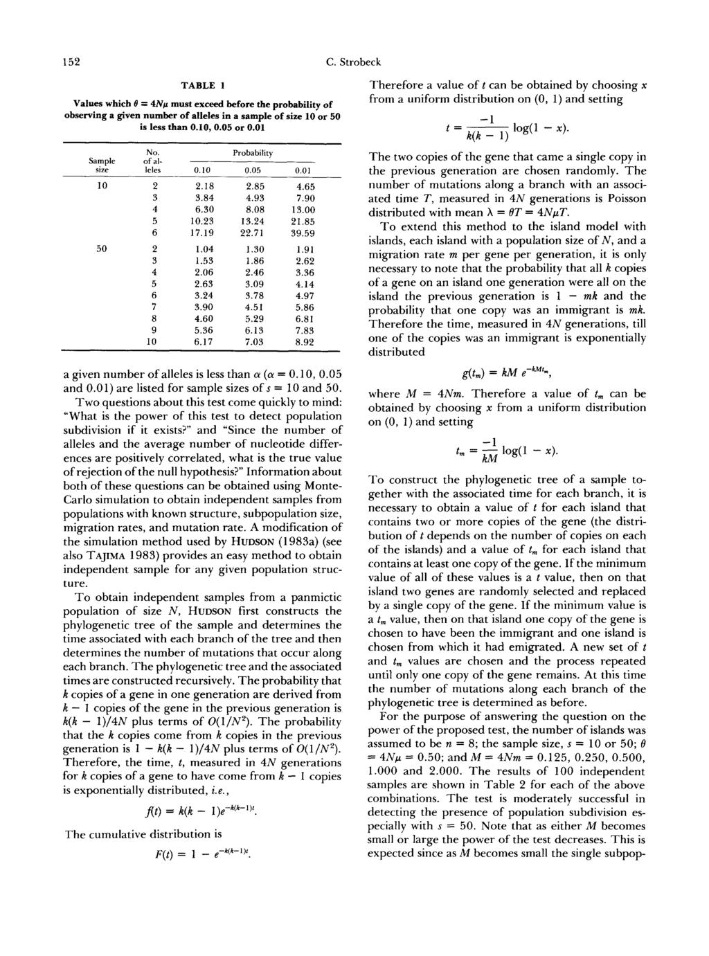 152 C. Strobeck TABLE 1 Values which 0 = must exceed before the probability of observing a given number of alleles in a sample of size 10 or 50 is less than 0.10, 0.05 or 0.01 No.