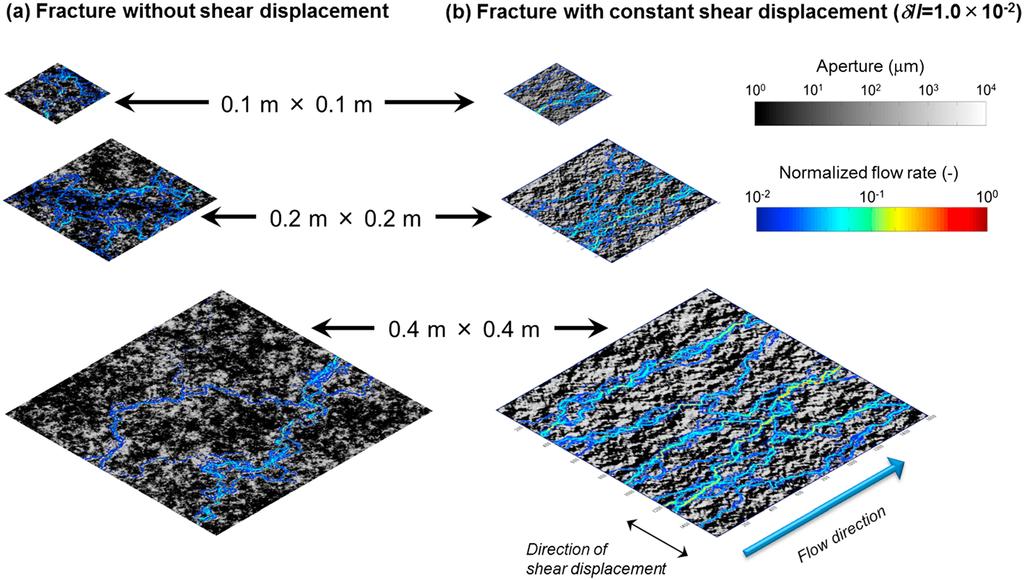 Figure 1. Representative results for channeling flow within heterogeneous aperture distribution for model fractures (a) with no shear displacement and (b) with constant shear displacement of δ/l = 0.