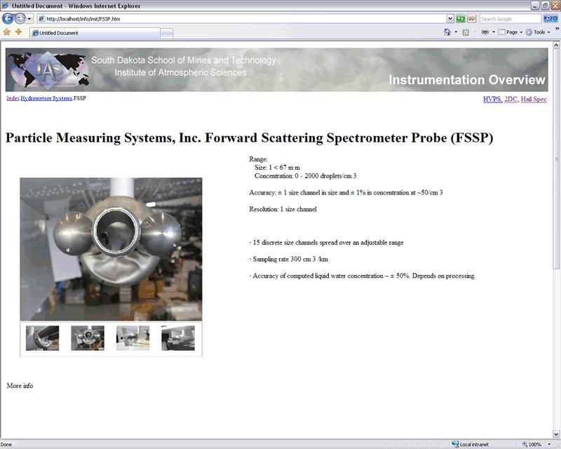Figure 3: Example of a screen providing information on aircraft instrumentation, in this case the Forward Scattering Spectrometer Probe (FSSP) manufactured by PMS.