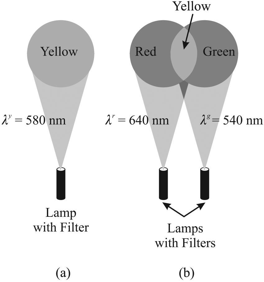 Fig. 4. Schematic drawing for the color matching experiment. a Monochromatic yellow light. b Monochromatic red and green lights overlap to form yellow. where U is the Heaviside step function.