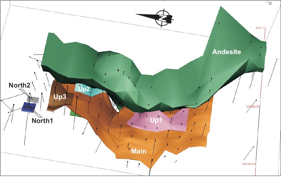 Figure 2: 3D View of El Domo Resource Wireframes The volcanogenic massive sulphide (VMS) mineralization at El Domo is a Kuroko-style deposit hosted within a volcano-sedimentary sequence of Eocene age.