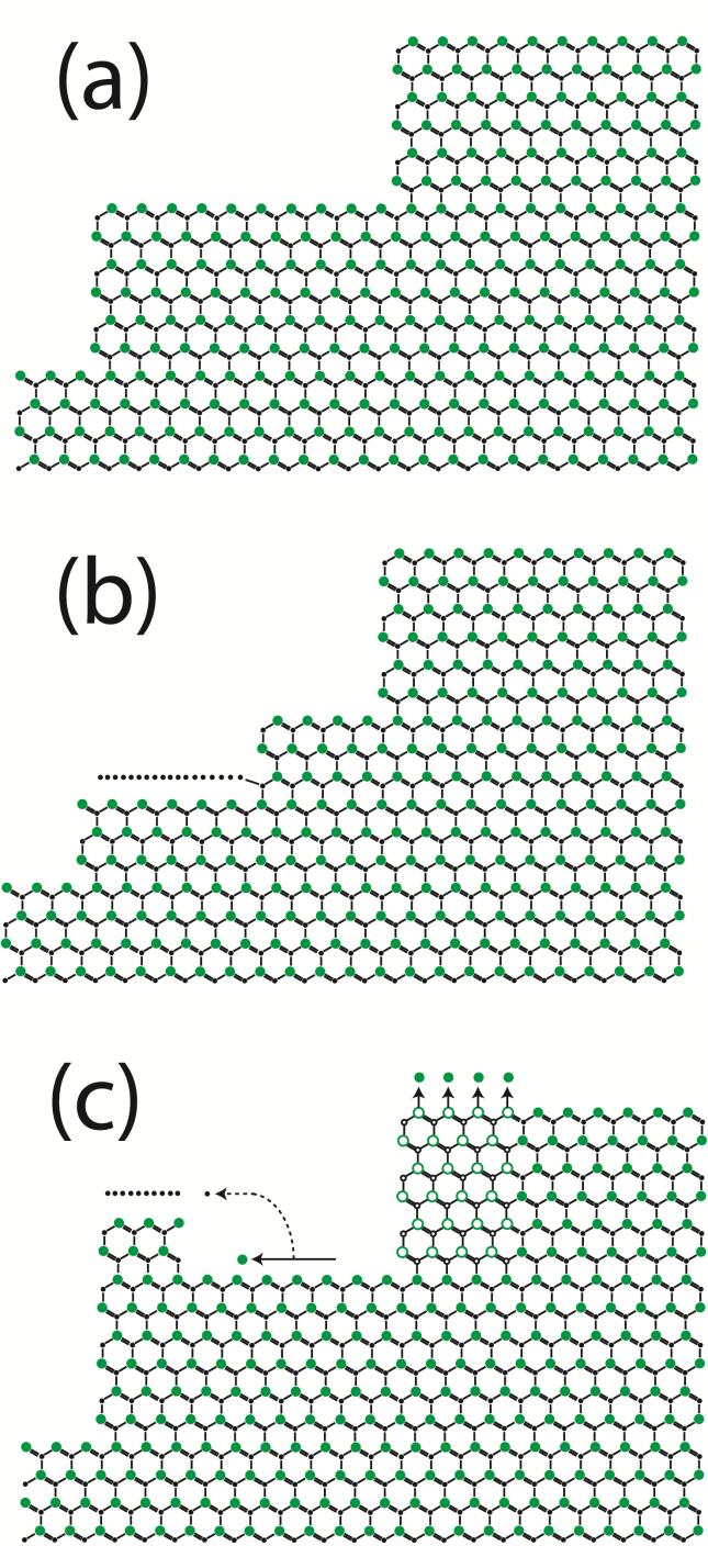 Fig 3 Schematic of graphene growth process showing bare SiC surface with bunching step (a), embeded (b) and protrusive (c) carbon layer at SiC step edge.