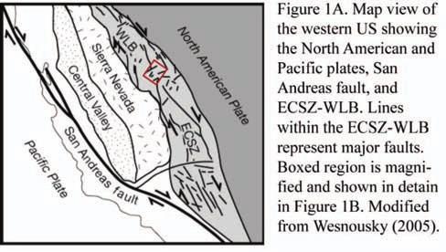 Figure 1A Figure 1B For some time, deformation within the WLB-ECSZ was solely attributed to relative plate motion between the Pacific and North American plates [e.g. 11].