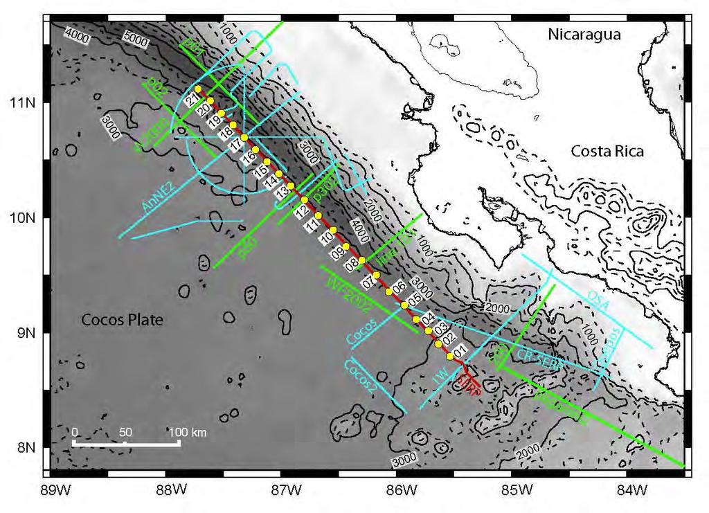 Existing and new seismic refraction data along MAT Ø Green lines, previous studies (UTIG,