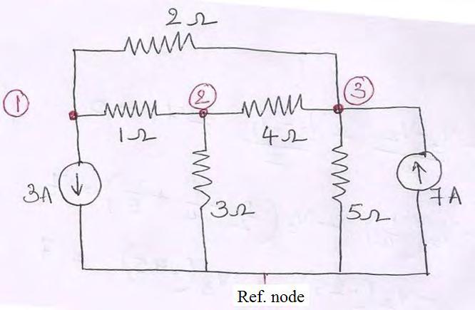 Solution: Select one node as reference node and number the remaining nodes. Assume current leaving the node as +ve and current entering the node as ve.
