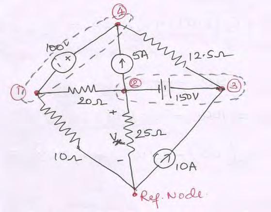 Super node (Node 1 & Node 4 ) equation-1 Super node ( Node 2 & Node 3 ) equation-2 Fig.
