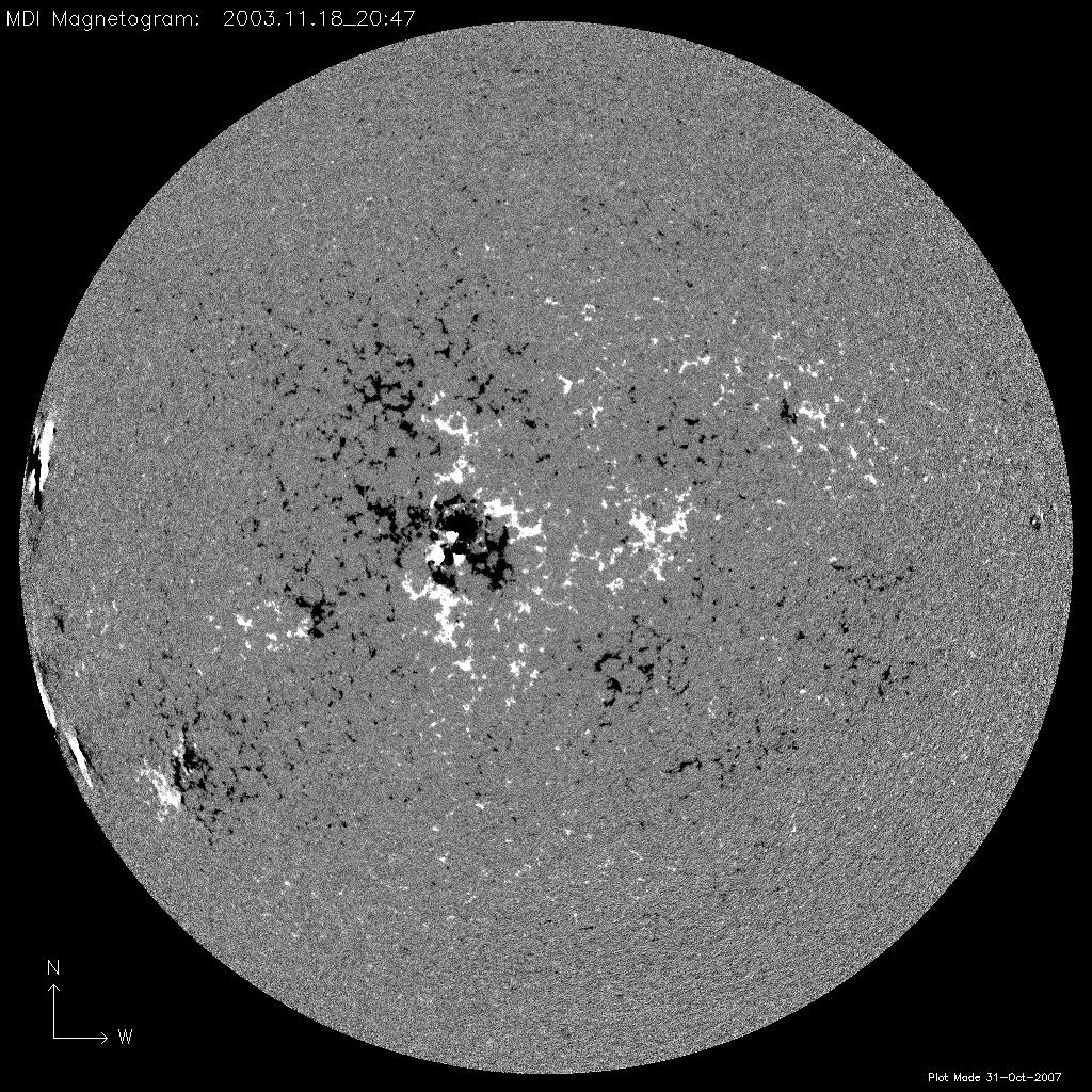 Most geoeffective case of solar cycle 23: Dst=-472 nt Magnetic field 18 November 2003 AR 10507 AR 10501 AR 10501, 10507 and 10508 were the return of: AR 10484, 10488 and 10486 (Halloween events) AR